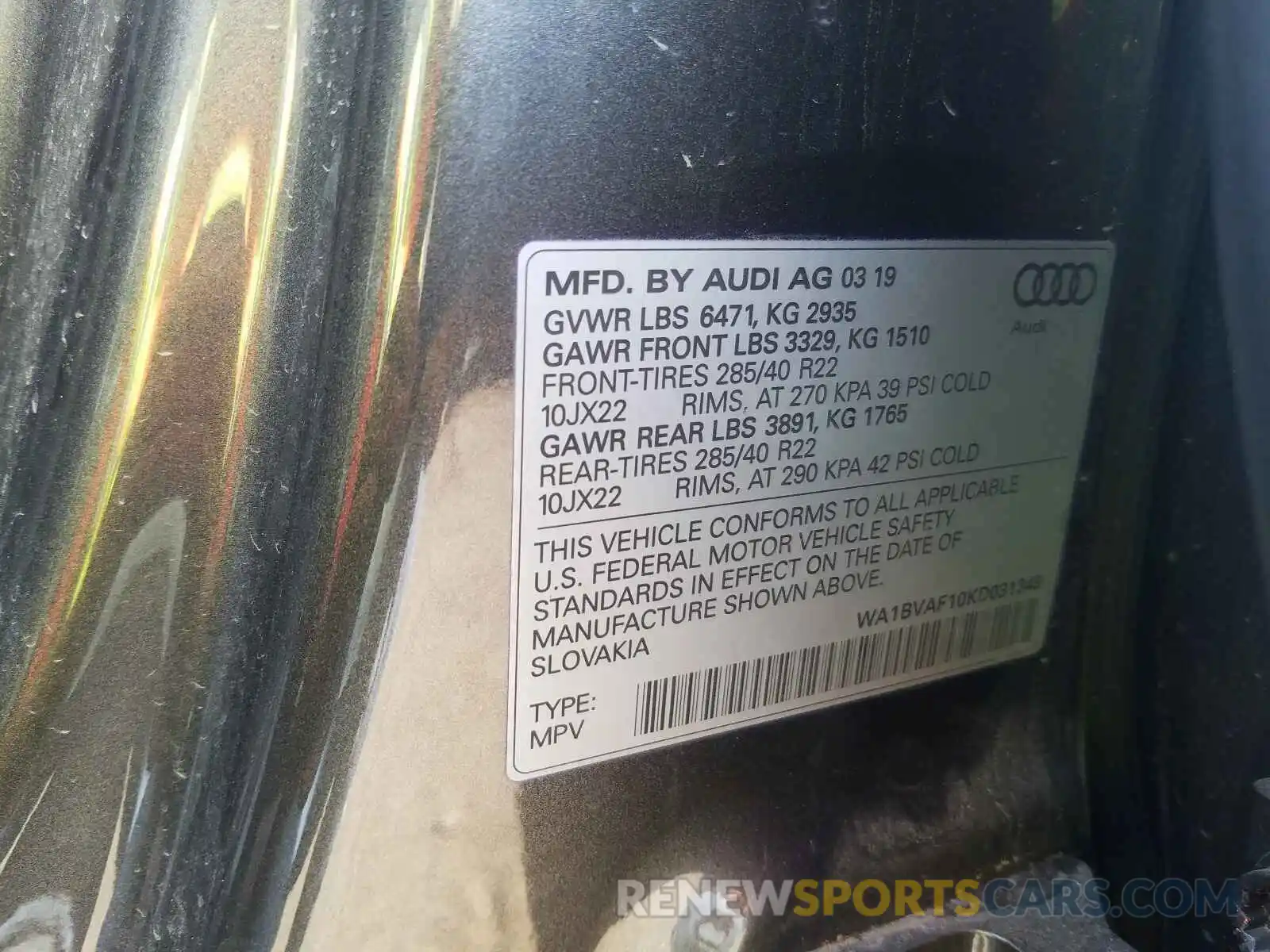 10 Photograph of a damaged car WA1BVAF10KD031349 AUDI Q8 2019