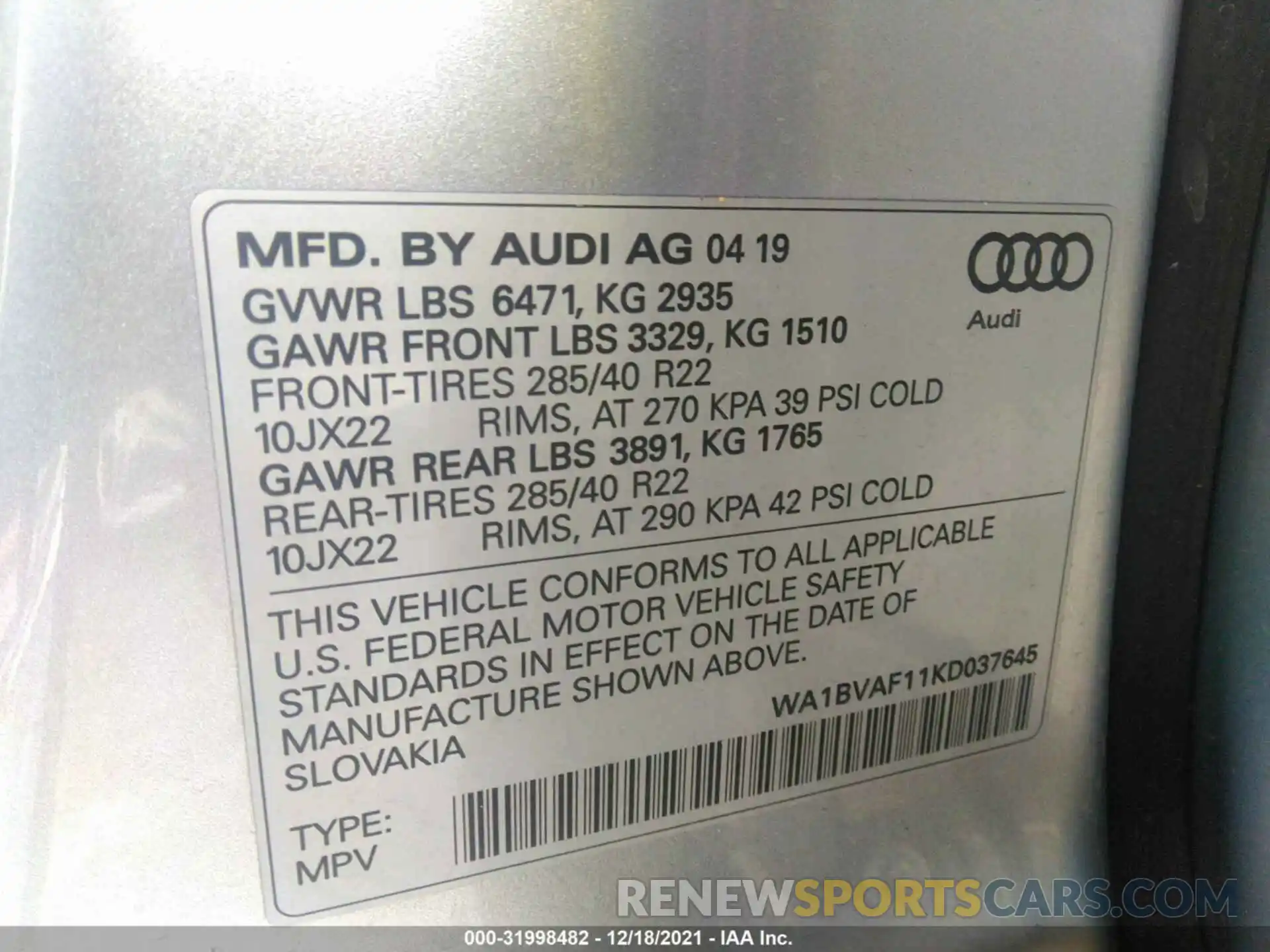 9 Photograph of a damaged car WA1BVAF11KD037645 AUDI Q8 2019