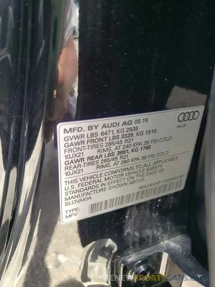 10 Photograph of a damaged car WA1BVAF11KD040187 AUDI Q8 2019