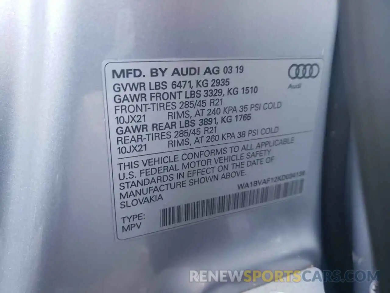 10 Photograph of a damaged car WA1BVAF12KD034138 AUDI Q8 2019