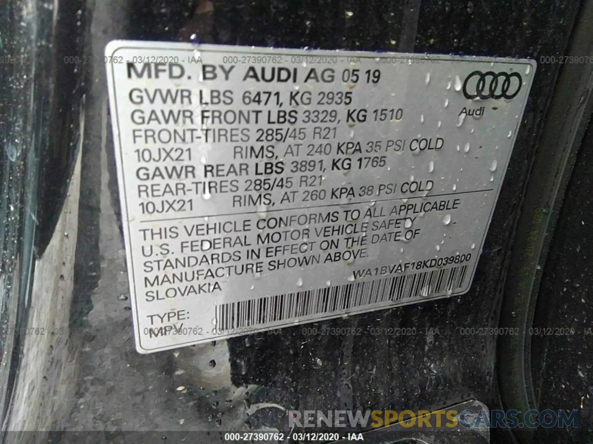 9 Photograph of a damaged car WA1BVAF18KD039800 AUDI Q8 2019