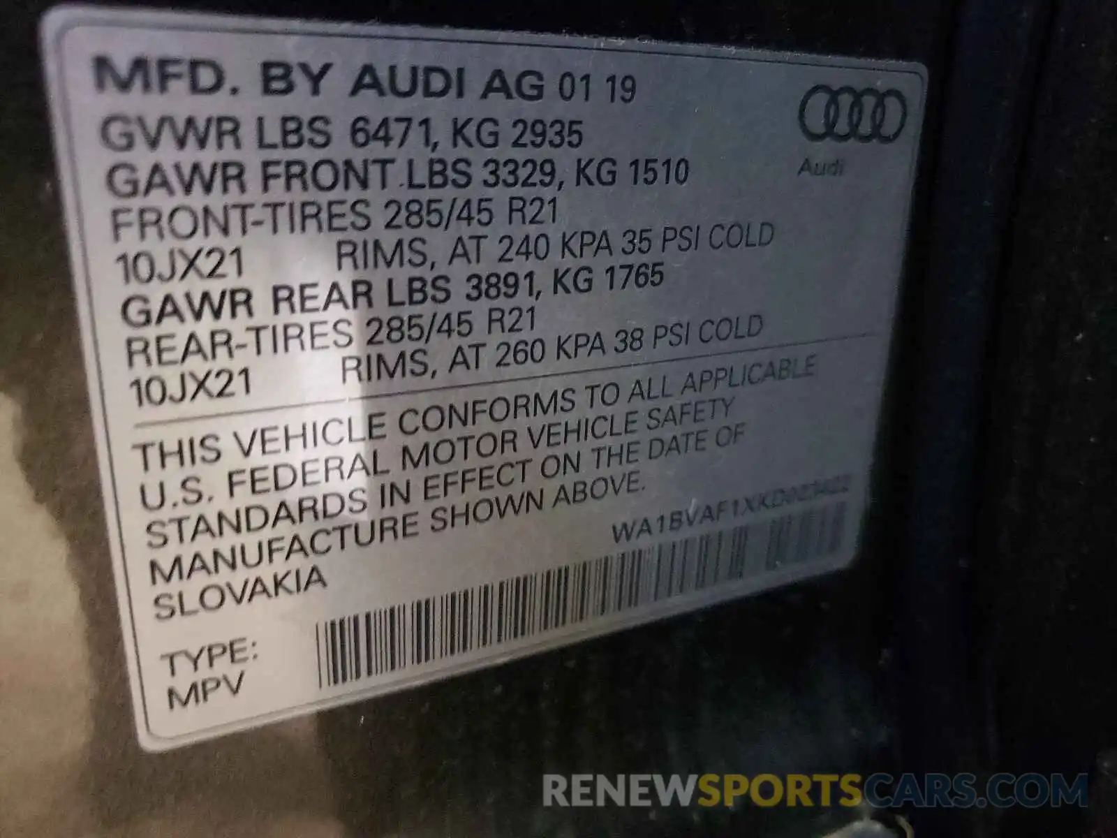 10 Photograph of a damaged car WA1BVAF1XKD023422 AUDI Q8 2019