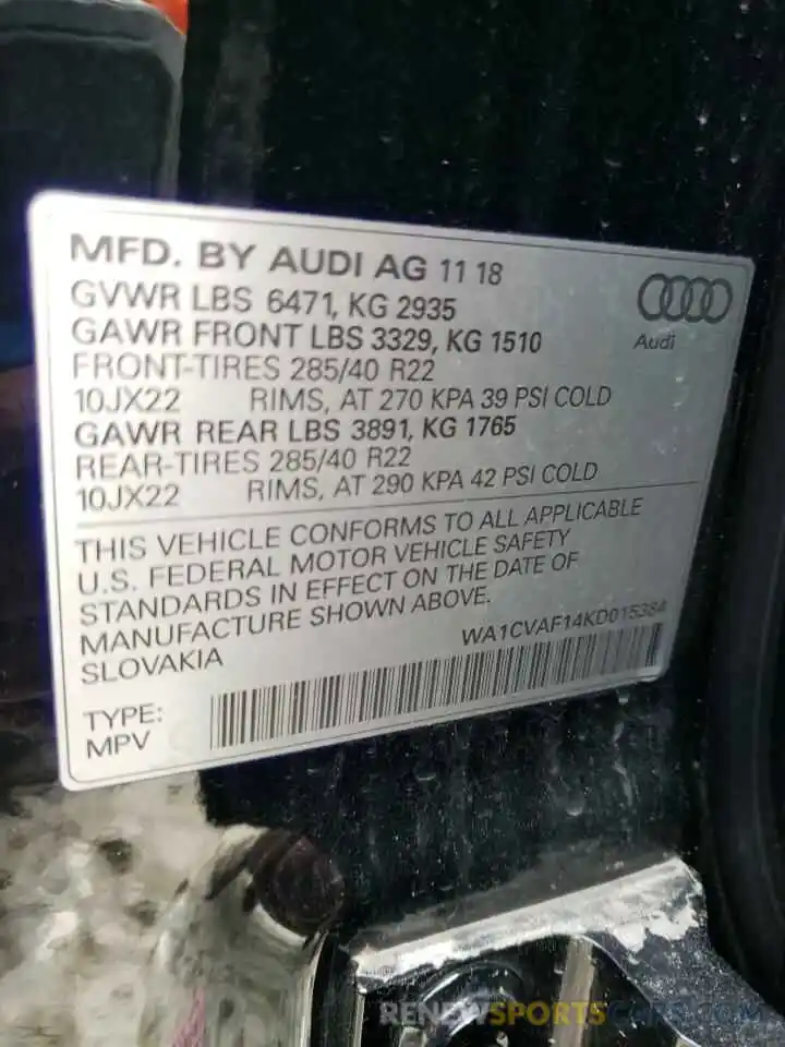 13 Фотография поврежденного автомобиля WA1CVAF14KD015384 AUDI Q8 2019