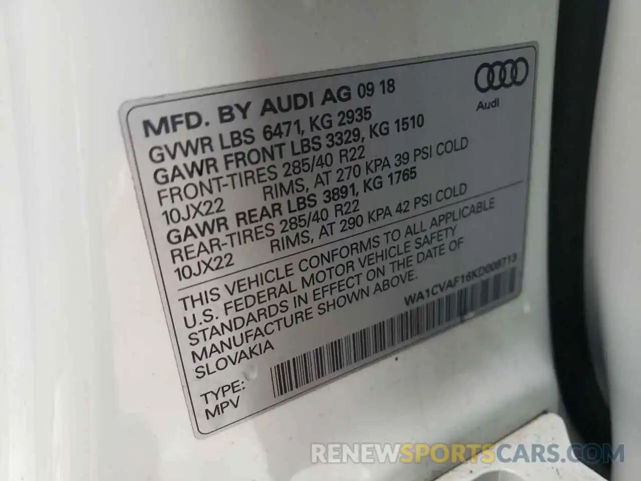 10 Photograph of a damaged car WA1CVAF16KD008713 AUDI Q8 2019