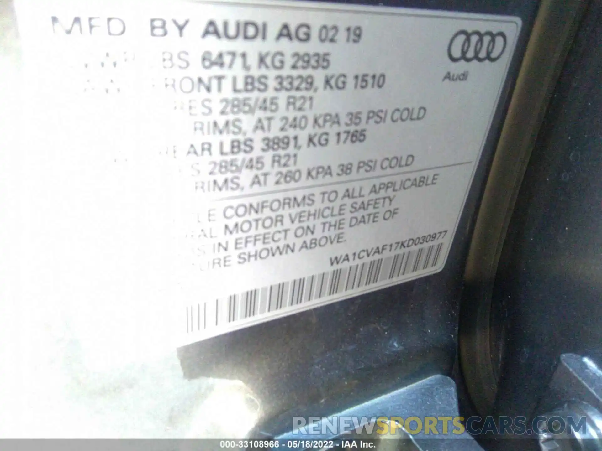 9 Photograph of a damaged car WA1CVAF17KD030977 AUDI Q8 2019