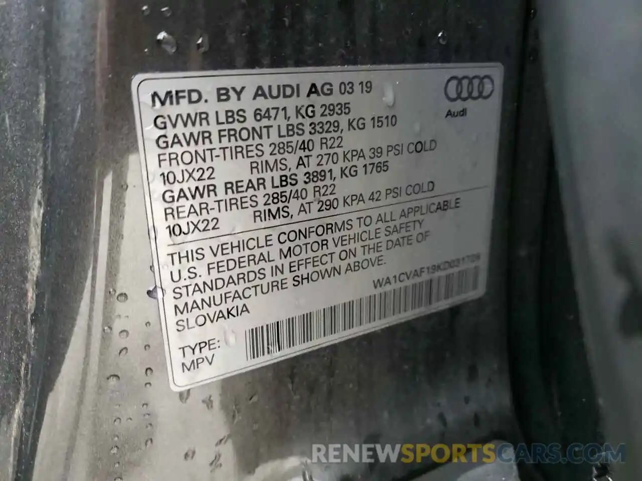 10 Photograph of a damaged car WA1CVAF19KD031726 AUDI Q8 2019