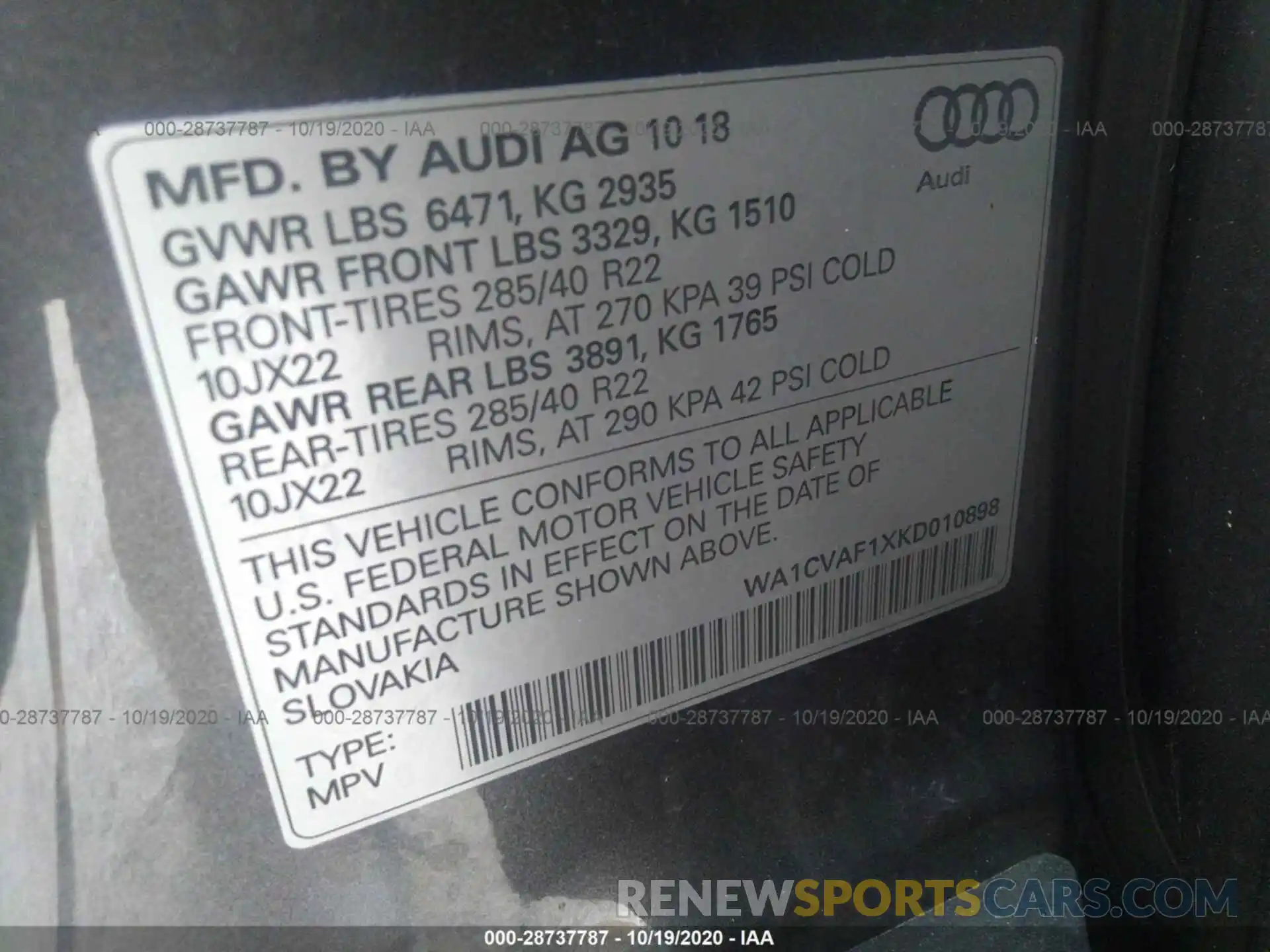 9 Photograph of a damaged car WA1CVAF1XKD010898 AUDI Q8 2019