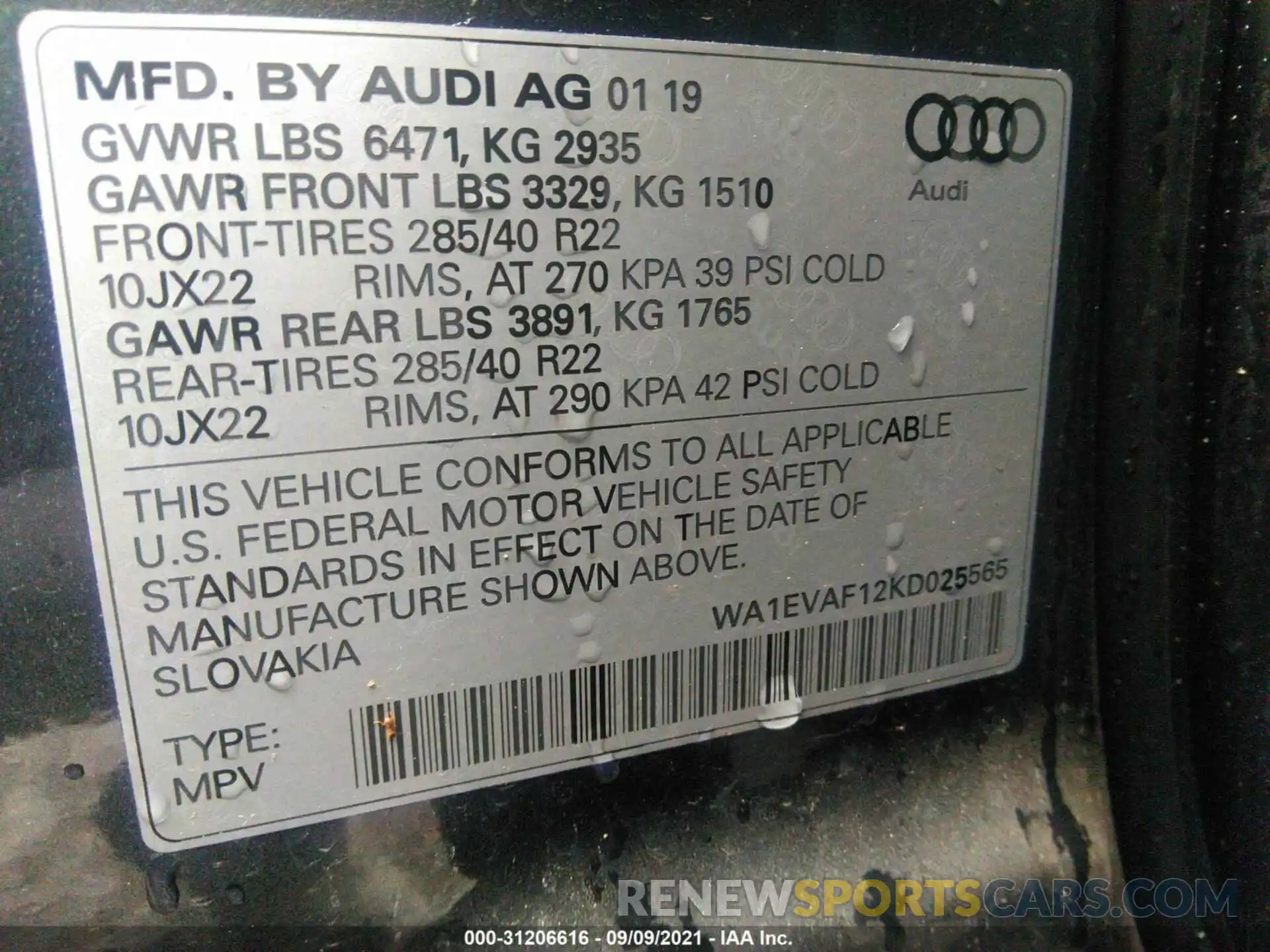 9 Photograph of a damaged car WA1EVAF12KD025565 AUDI Q8 2019