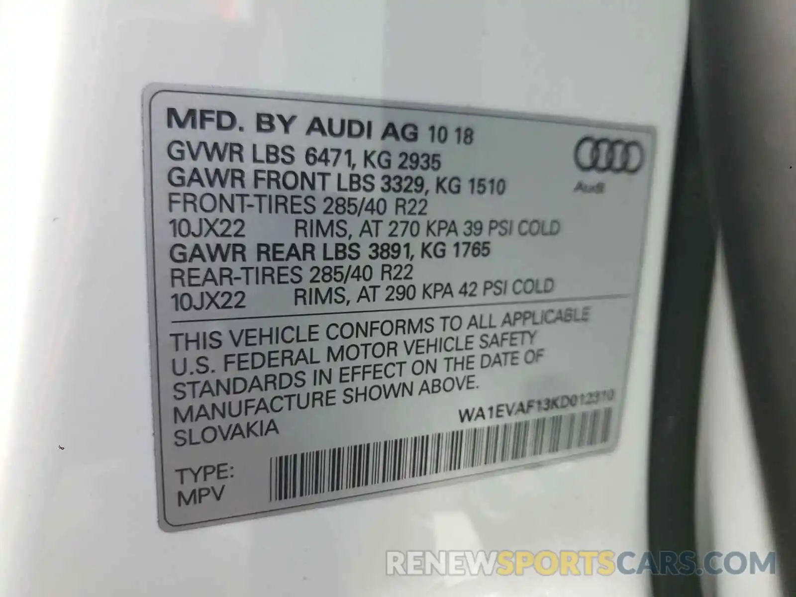 10 Photograph of a damaged car WA1EVAF13KD012310 AUDI Q8 2019