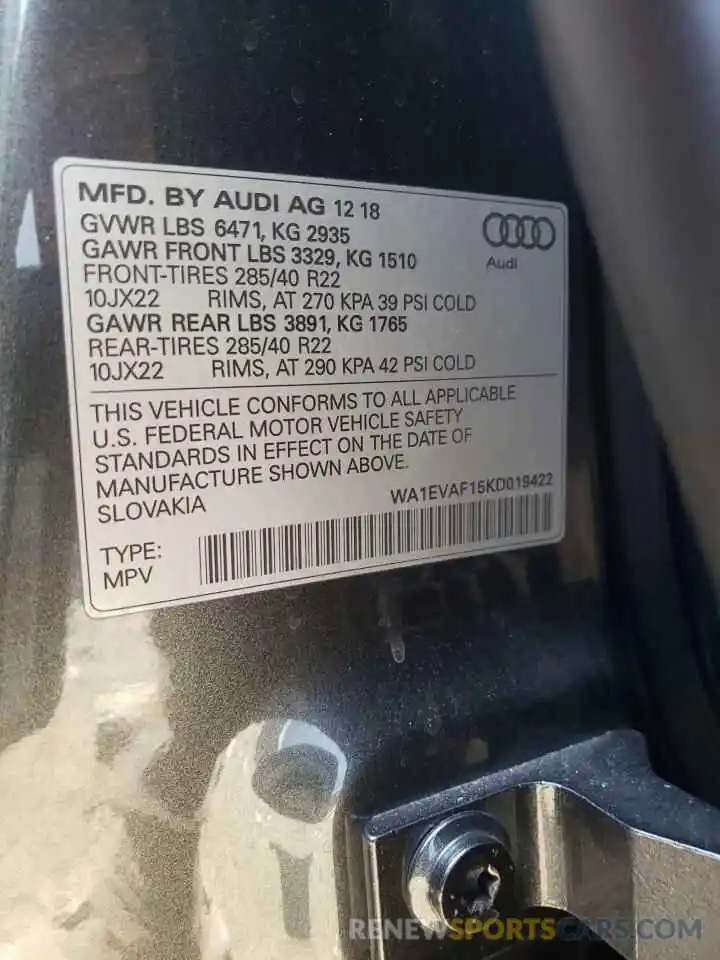 10 Photograph of a damaged car WA1EVAF15KD019422 AUDI Q8 2019