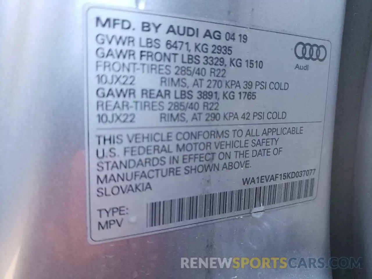 10 Photograph of a damaged car WA1EVAF15KD037077 AUDI Q8 2019