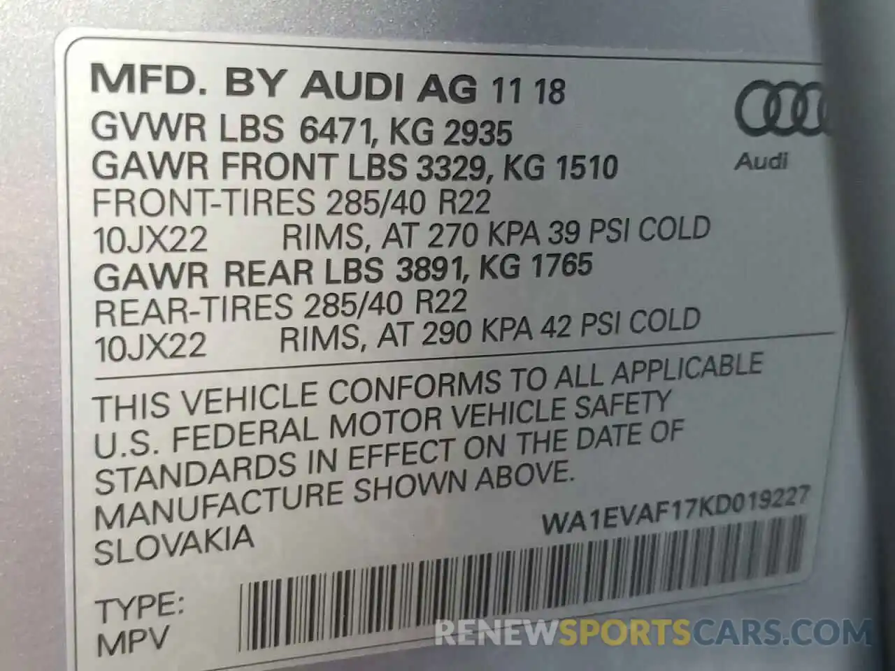 10 Photograph of a damaged car WA1EVAF17KD019227 AUDI Q8 2019