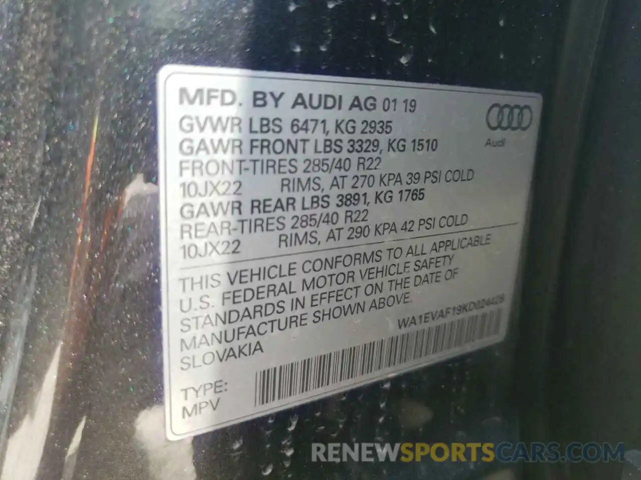 10 Photograph of a damaged car WA1EVAF19KD024428 AUDI Q8 2019