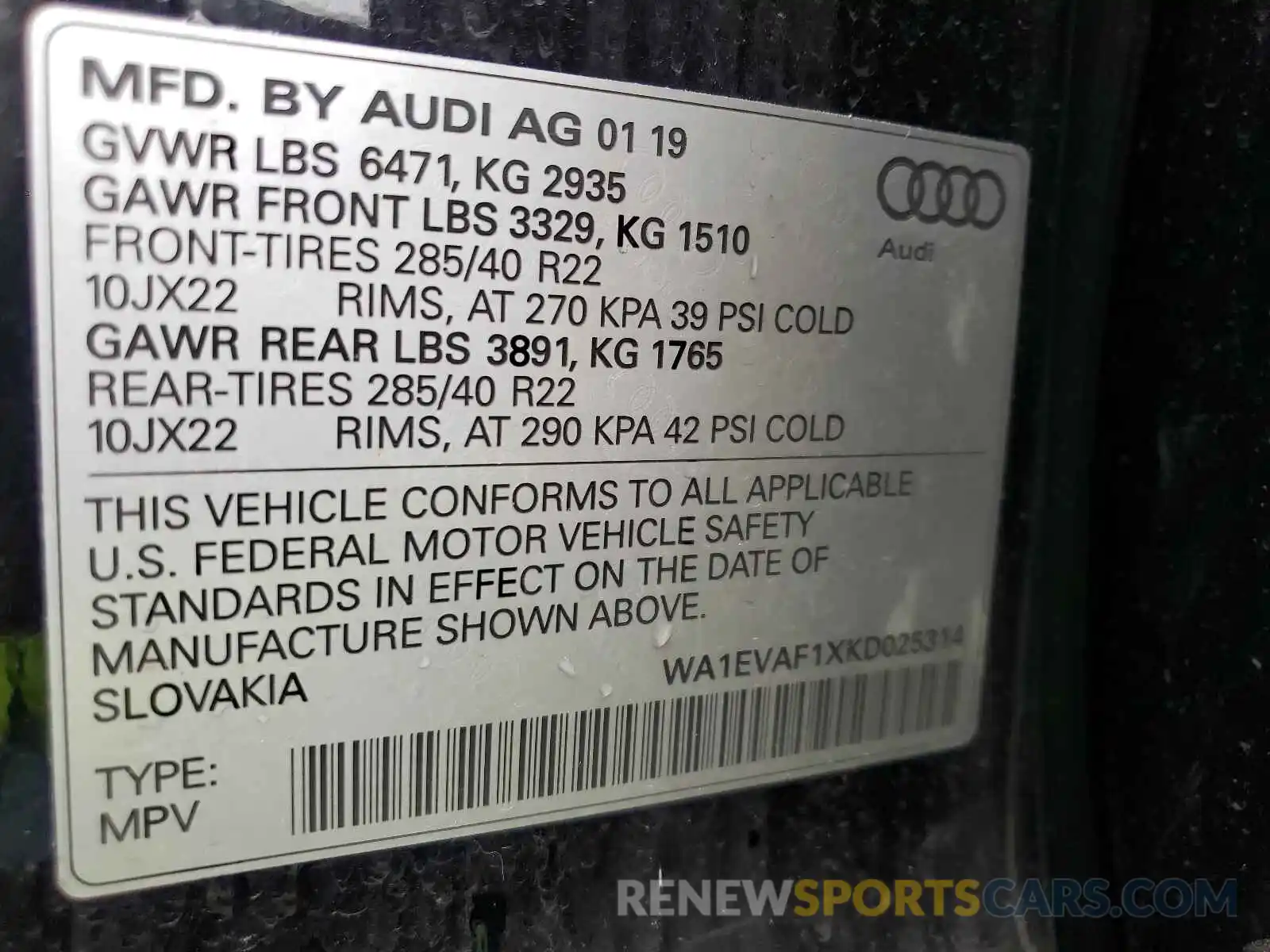 10 Photograph of a damaged car WA1EVAF1XKD025314 AUDI Q8 2019