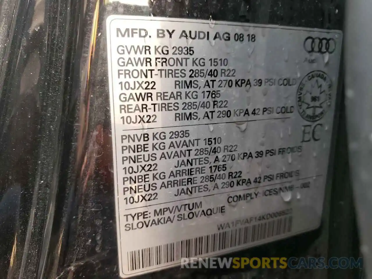 10 Photograph of a damaged car WA1FVAF14KD006522 AUDI Q8 2019