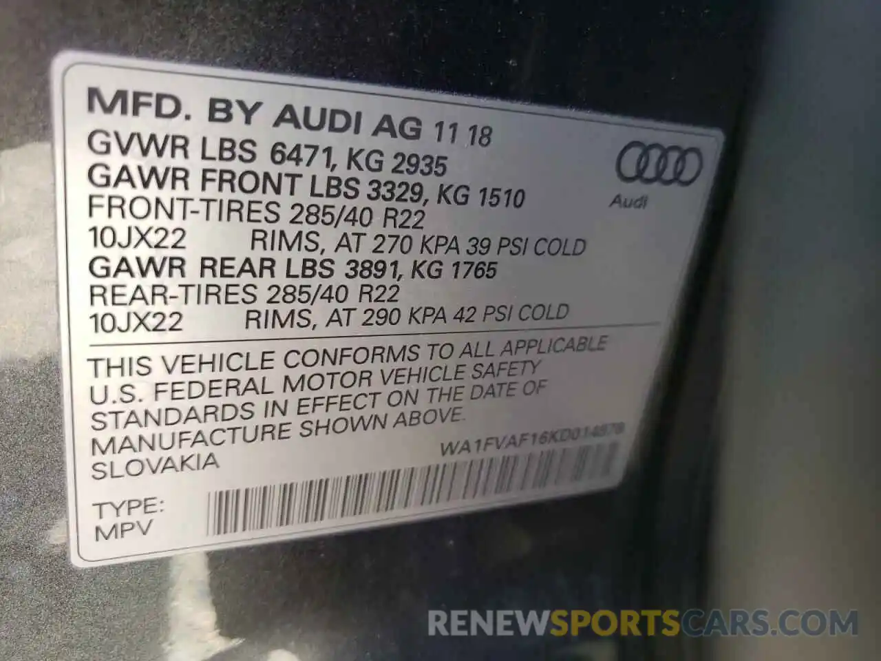 10 Photograph of a damaged car WA1FVAF16KD014878 AUDI Q8 2019