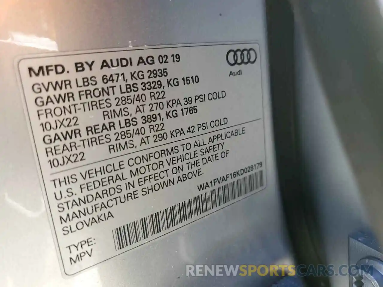 10 Photograph of a damaged car WA1FVAF16KD028179 AUDI Q8 2019