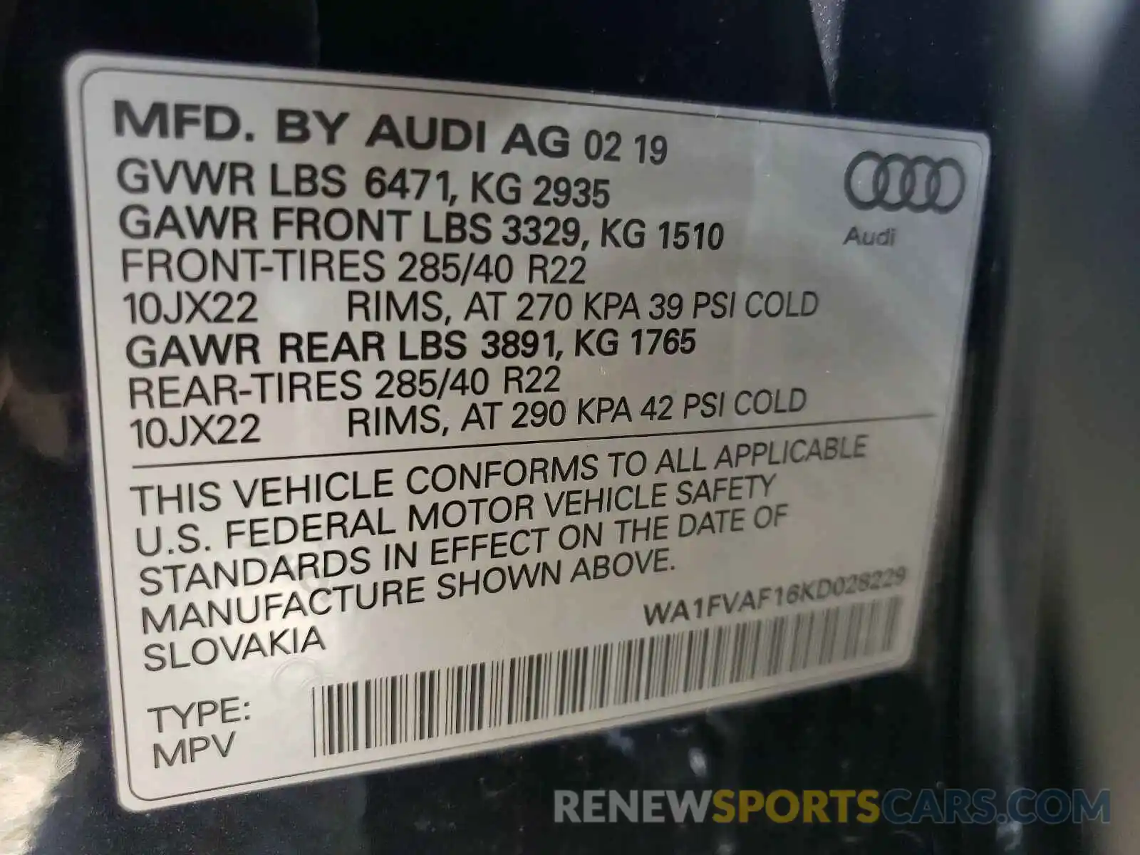 10 Photograph of a damaged car WA1FVAF16KD028229 AUDI Q8 2019