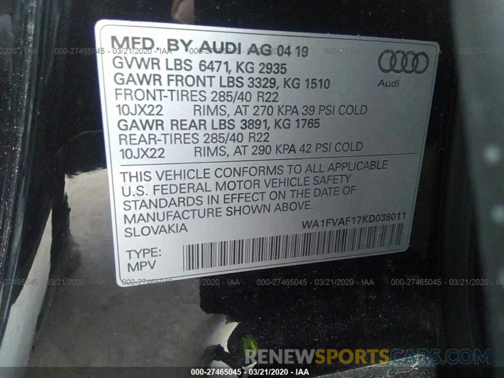 9 Фотография поврежденного автомобиля WA1FVAF17KD038011 AUDI Q8 2019