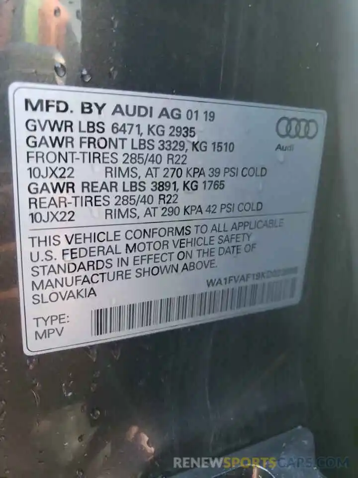 10 Photograph of a damaged car WA1FVAF19KD023865 AUDI Q8 2019