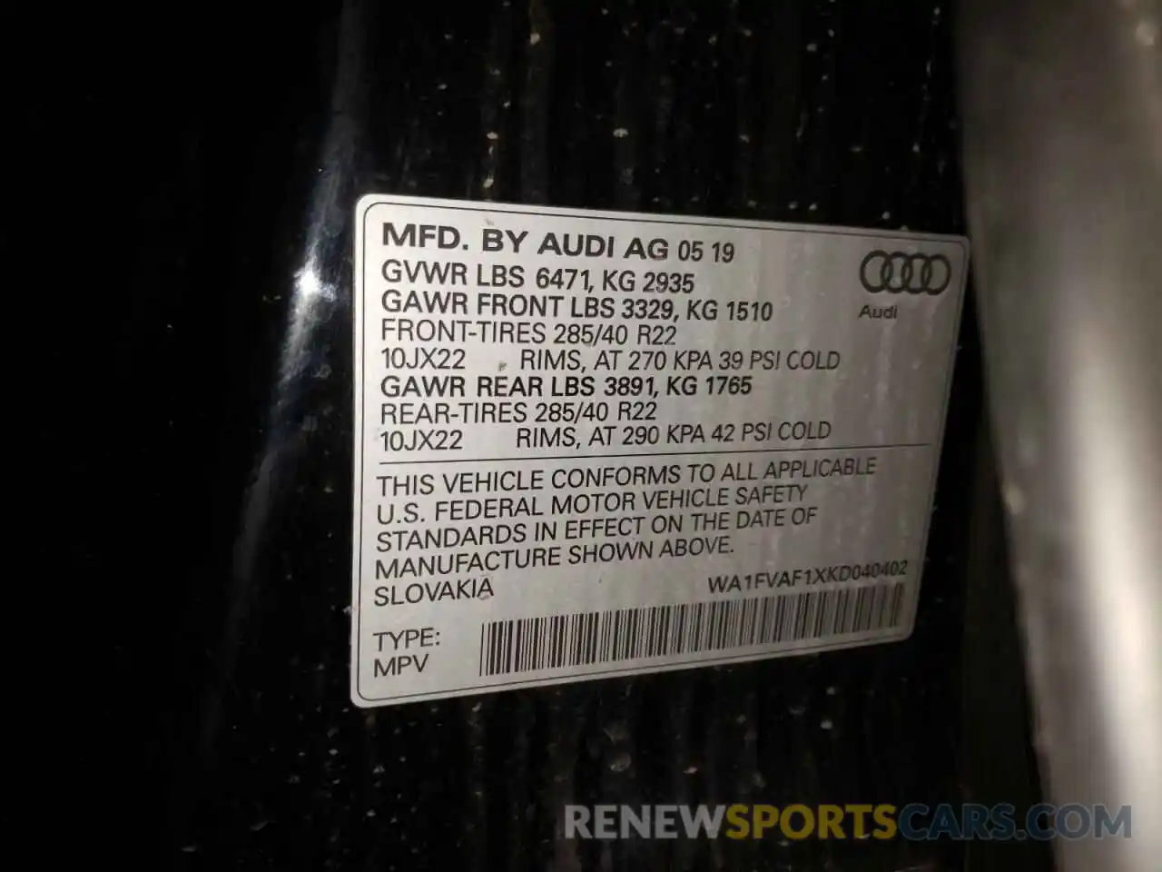 10 Photograph of a damaged car WA1FVAF1XKD040402 AUDI Q8 2019