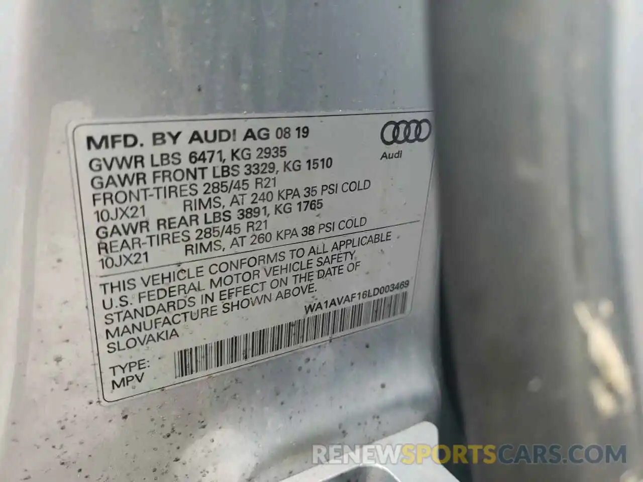 10 Photograph of a damaged car WA1AVAF16LD003469 AUDI Q8 2020