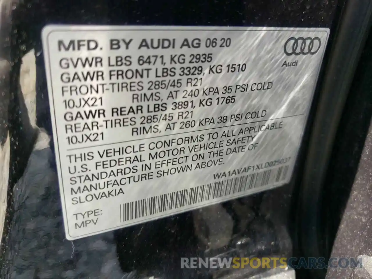 10 Photograph of a damaged car WA1AVAF1XLD025037 AUDI Q8 2020