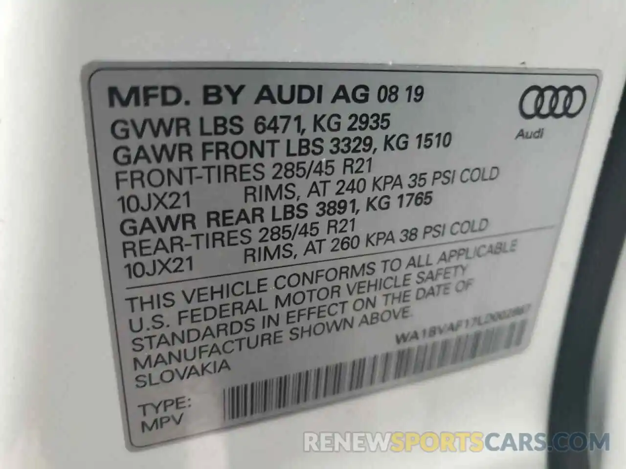 10 Photograph of a damaged car WA1BVAF17LD002867 AUDI Q8 2020