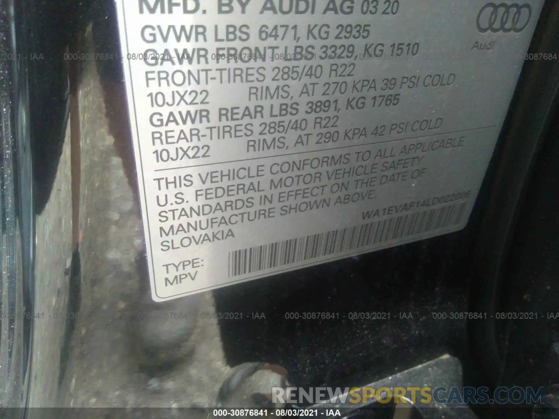 9 Photograph of a damaged car WA1EVAF14LD022006 AUDI Q8 2020