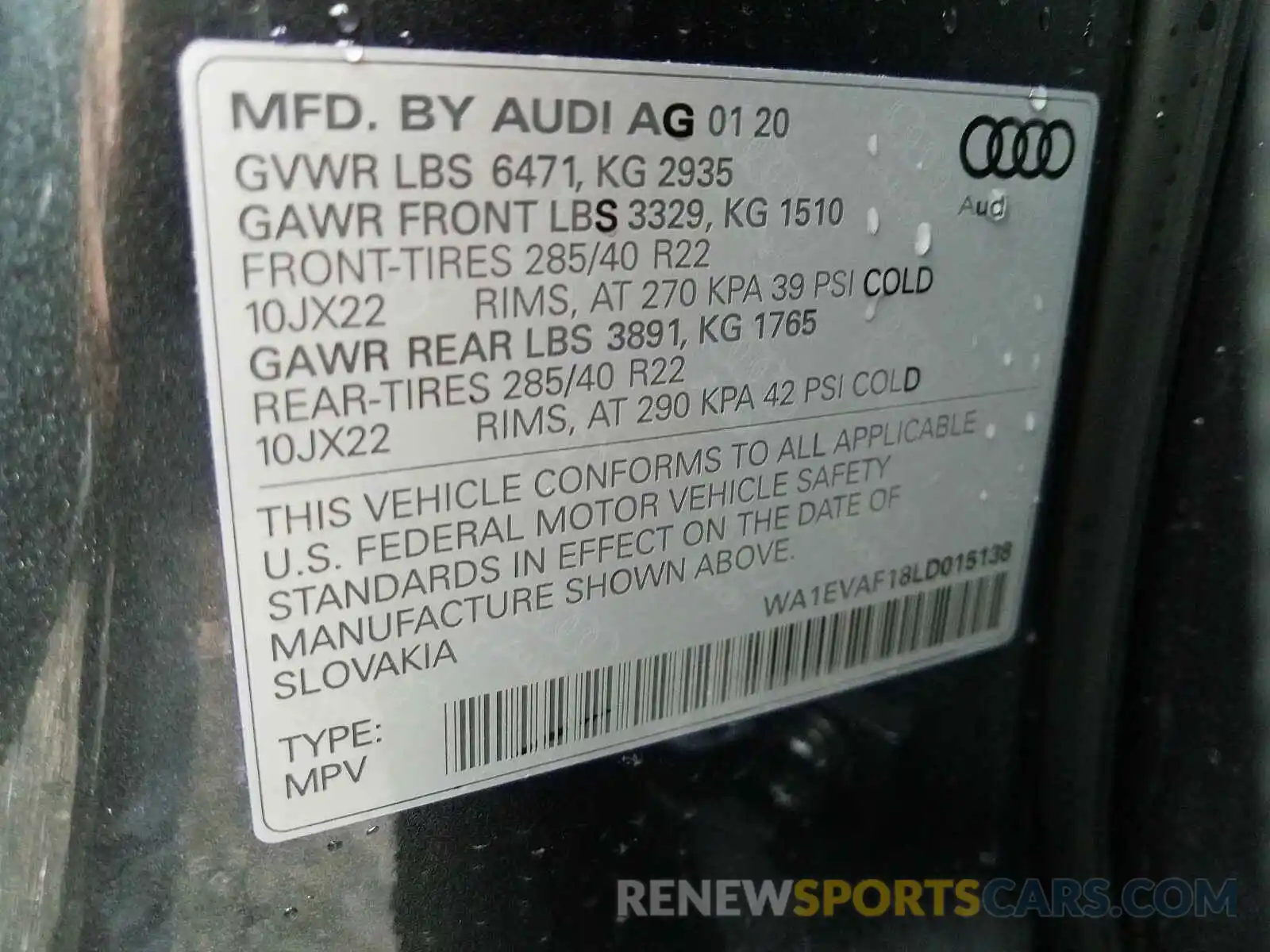 10 Photograph of a damaged car WA1EVAF18LD015138 AUDI Q8 2020