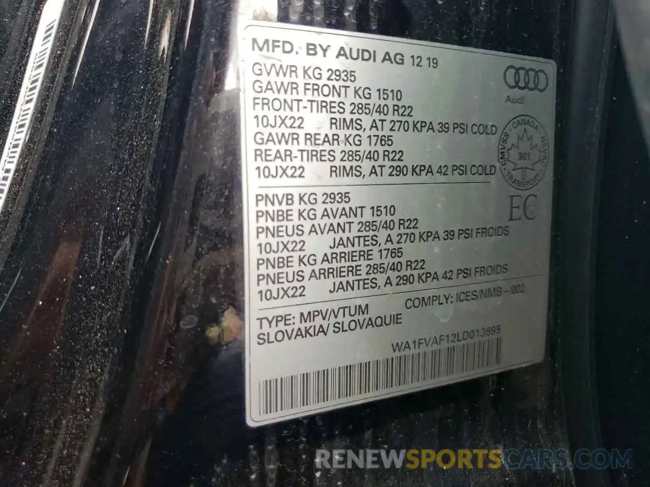 10 Photograph of a damaged car WA1FVAF12LD013695 AUDI Q8 2020