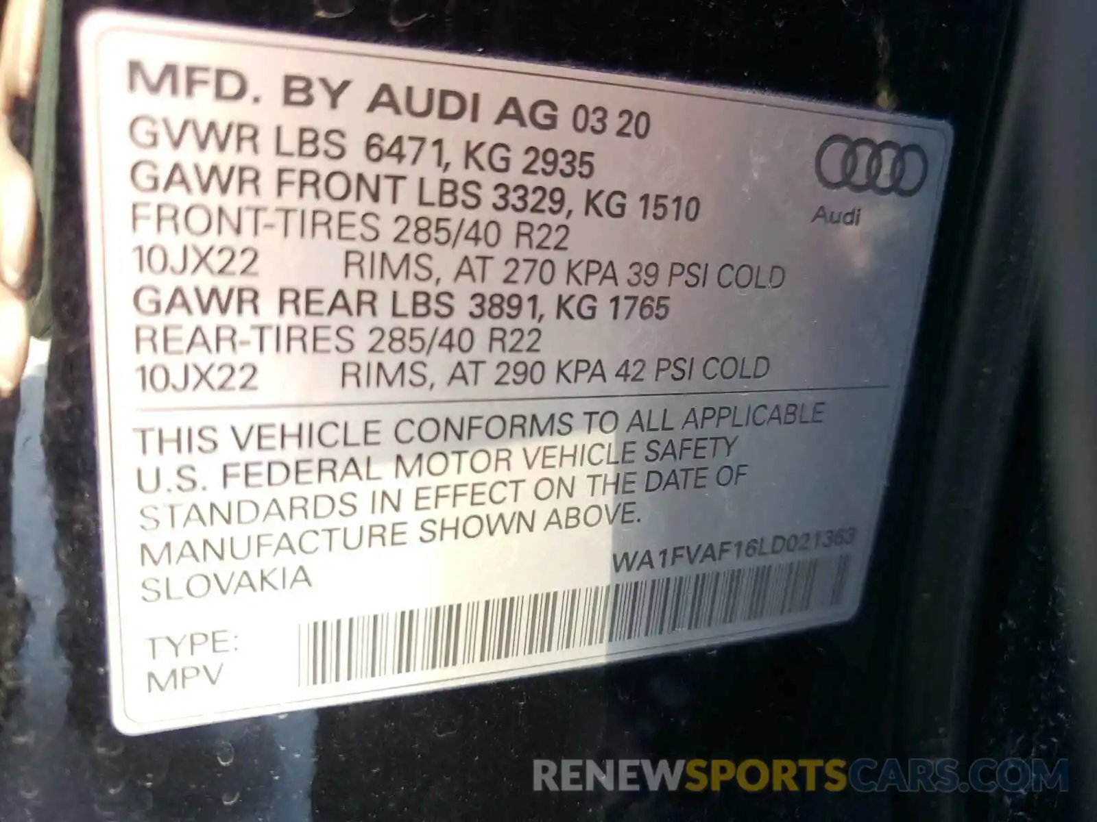 10 Photograph of a damaged car WA1FVAF16LD021363 AUDI Q8 2020