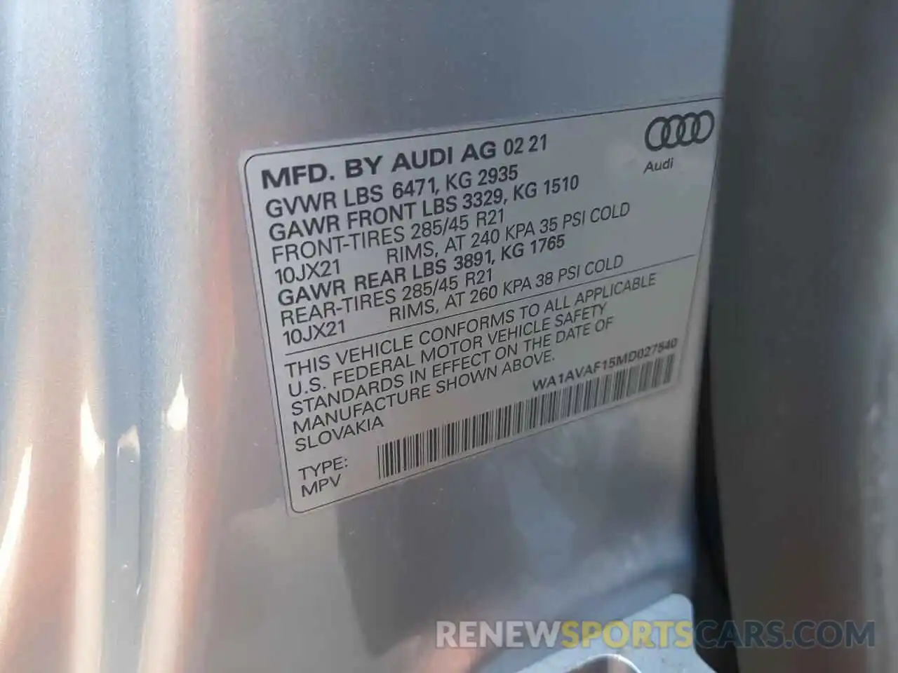 10 Photograph of a damaged car WA1AVAF15MD027540 AUDI Q8 2021