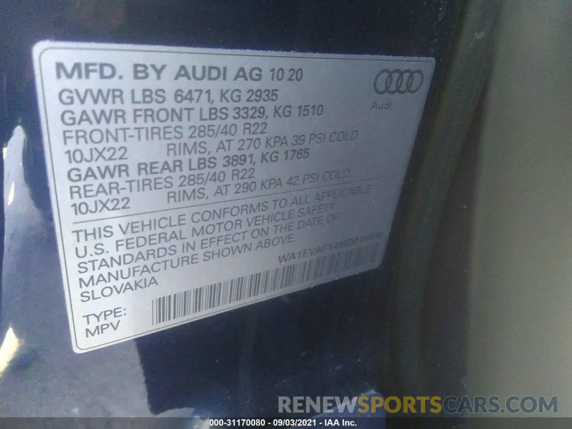 9 Photograph of a damaged car WA1EVAF14MD015476 AUDI Q8 2021