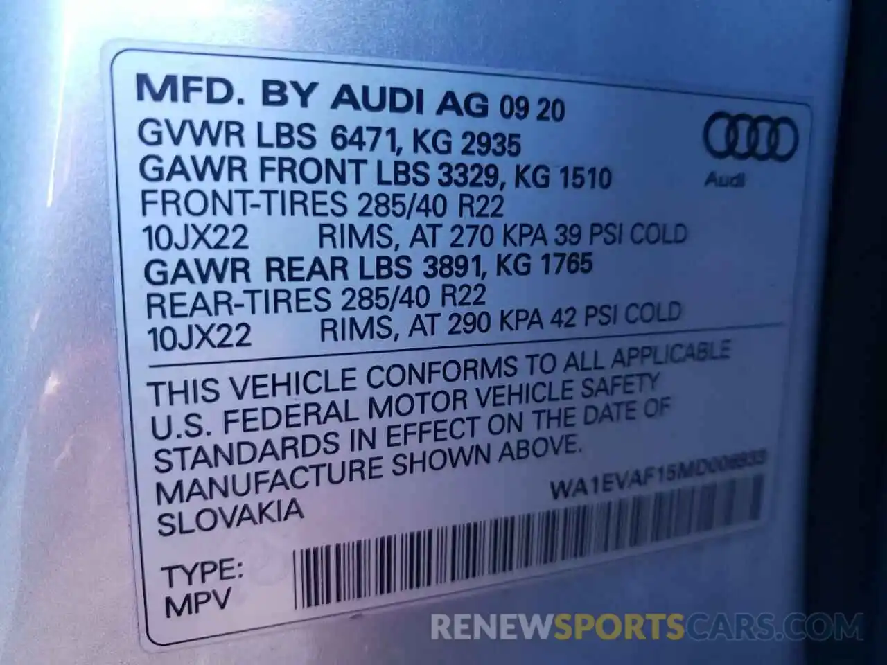 10 Photograph of a damaged car WA1EVAF15MD006933 AUDI Q8 2021