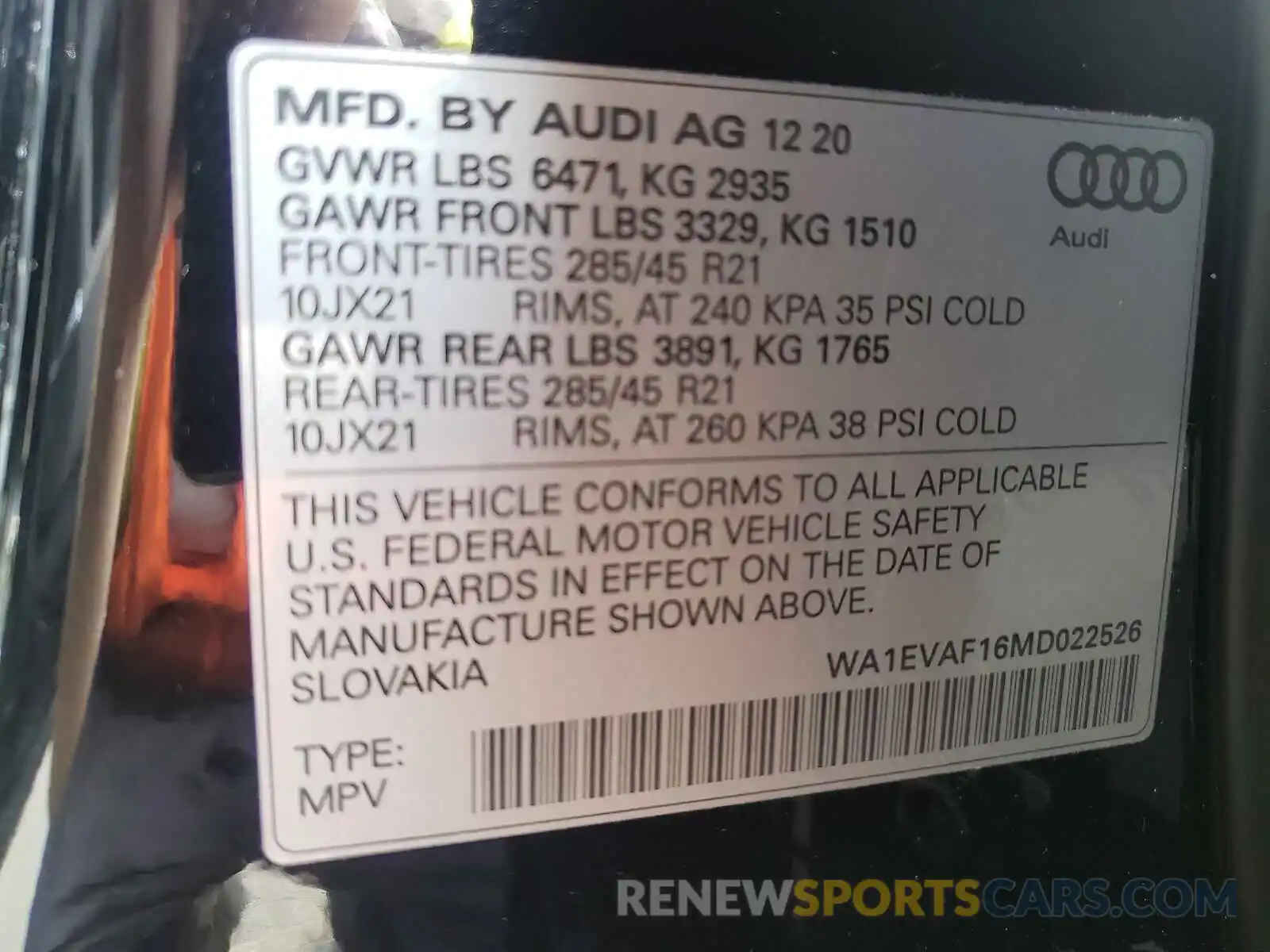 10 Photograph of a damaged car WA1EVAF16MD022526 AUDI Q8 2021