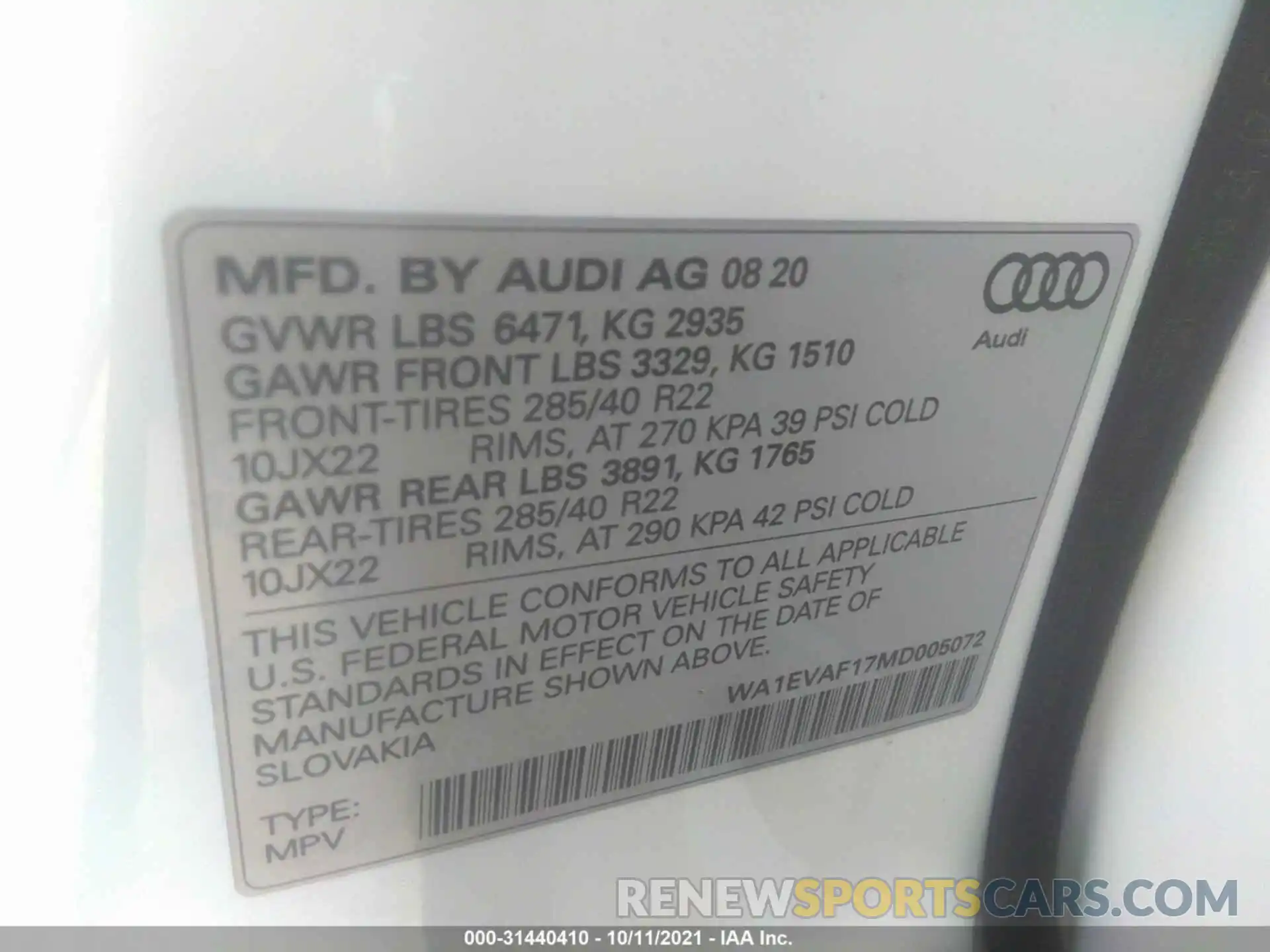 9 Photograph of a damaged car WA1EVAF17MD005072 AUDI Q8 2021