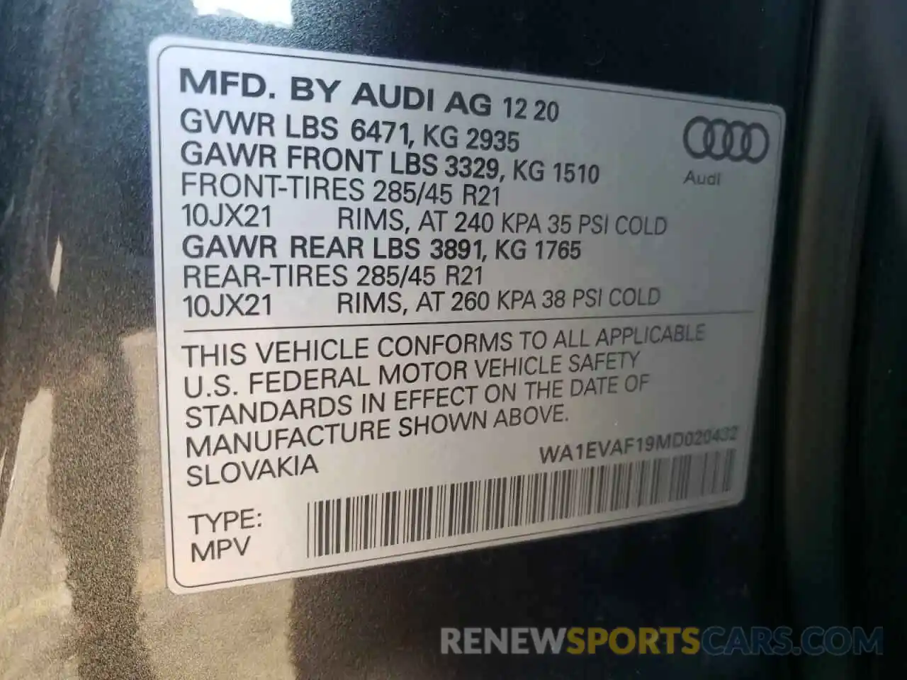 10 Photograph of a damaged car WA1EVAF19MD020432 AUDI Q8 2021