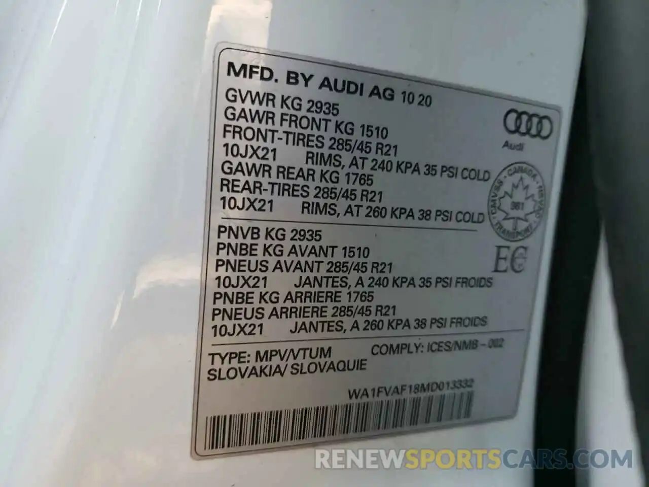 10 Фотография поврежденного автомобиля WA1FVAF18MD013332 AUDI Q8 2021