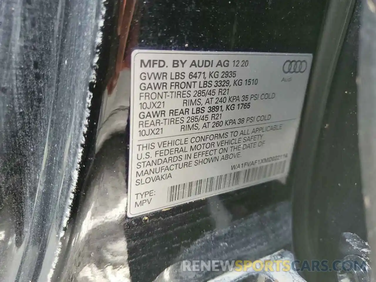 10 Photograph of a damaged car WA1FVAF1XMD022114 AUDI Q8 2021