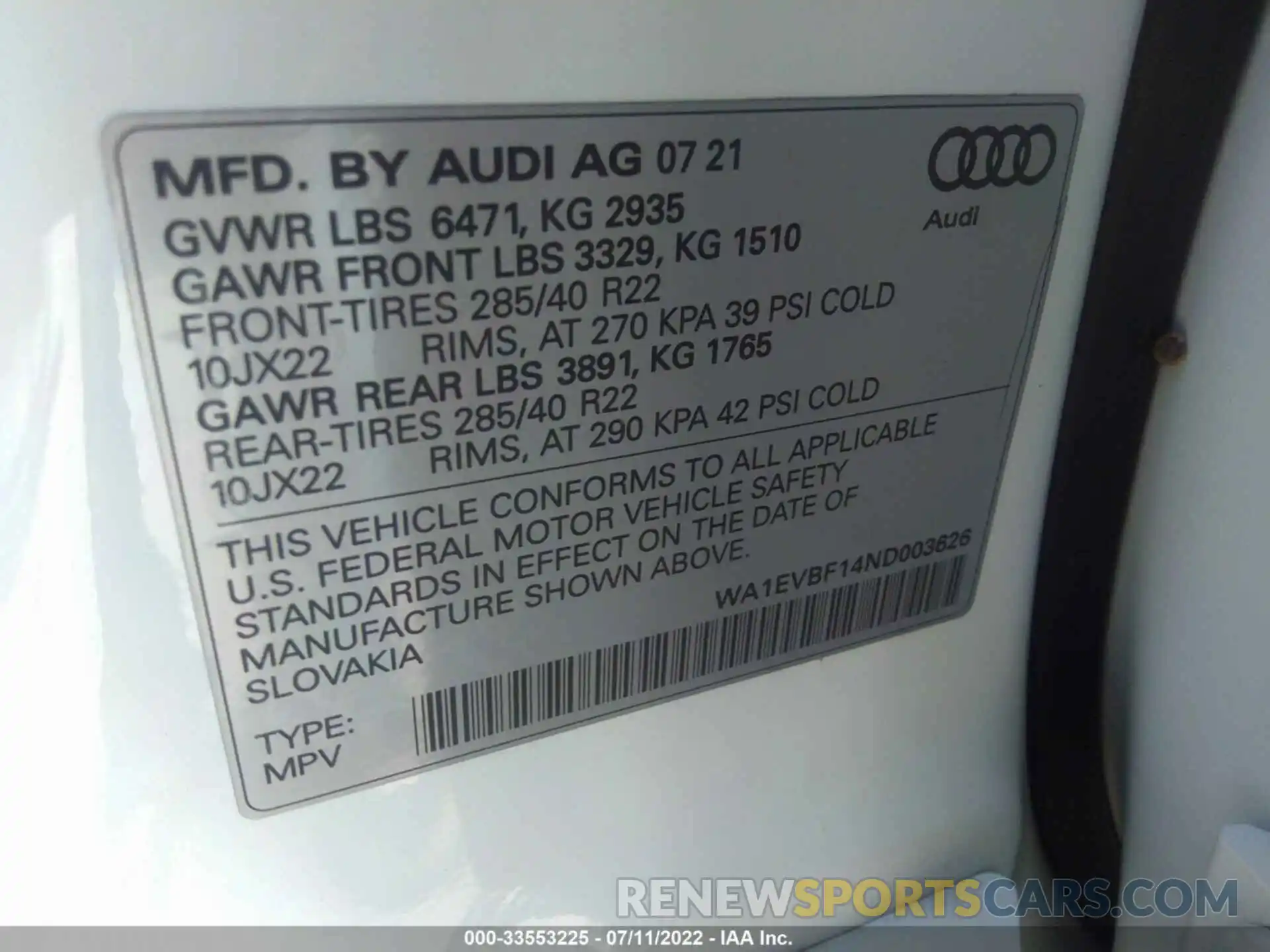 9 Photograph of a damaged car WA1EVBF14ND003626 AUDI Q8 2022