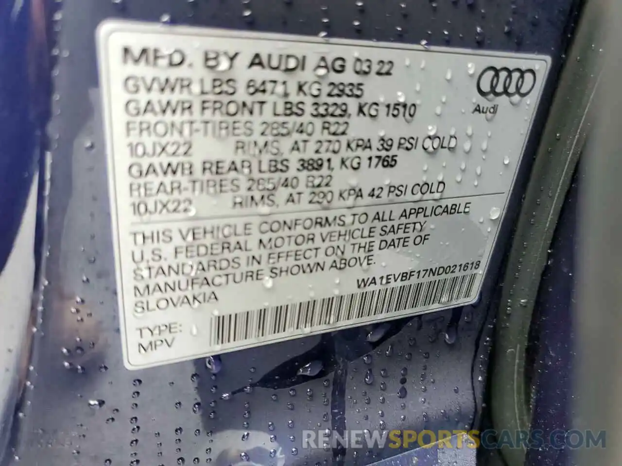 10 Photograph of a damaged car WA1EVBF17ND021618 AUDI Q8 2022