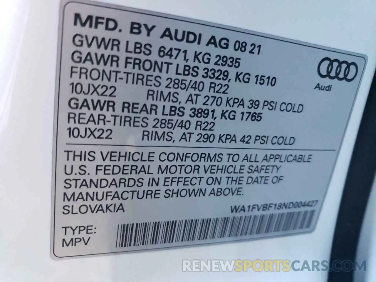 10 Photograph of a damaged car WA1FVBF18ND004427 AUDI Q8 2022