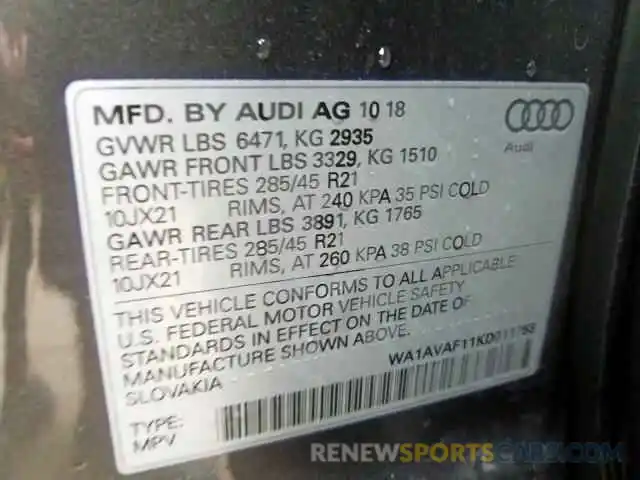 10 Photograph of a damaged car WA1AVAF11KD011753 AUDI Q8 PREMIUM 2019