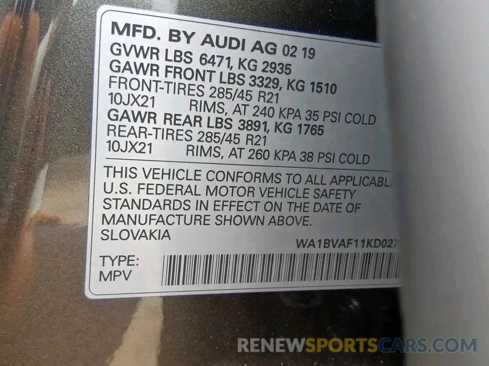 10 Photograph of a damaged car WA1BVAF11KD027827 AUDI Q8 PREMIUM 2019