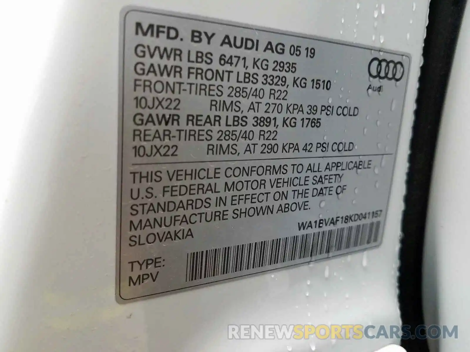 10 Photograph of a damaged car WA1BVAF18KD041157 AUDI Q8 PREMIUM 2019