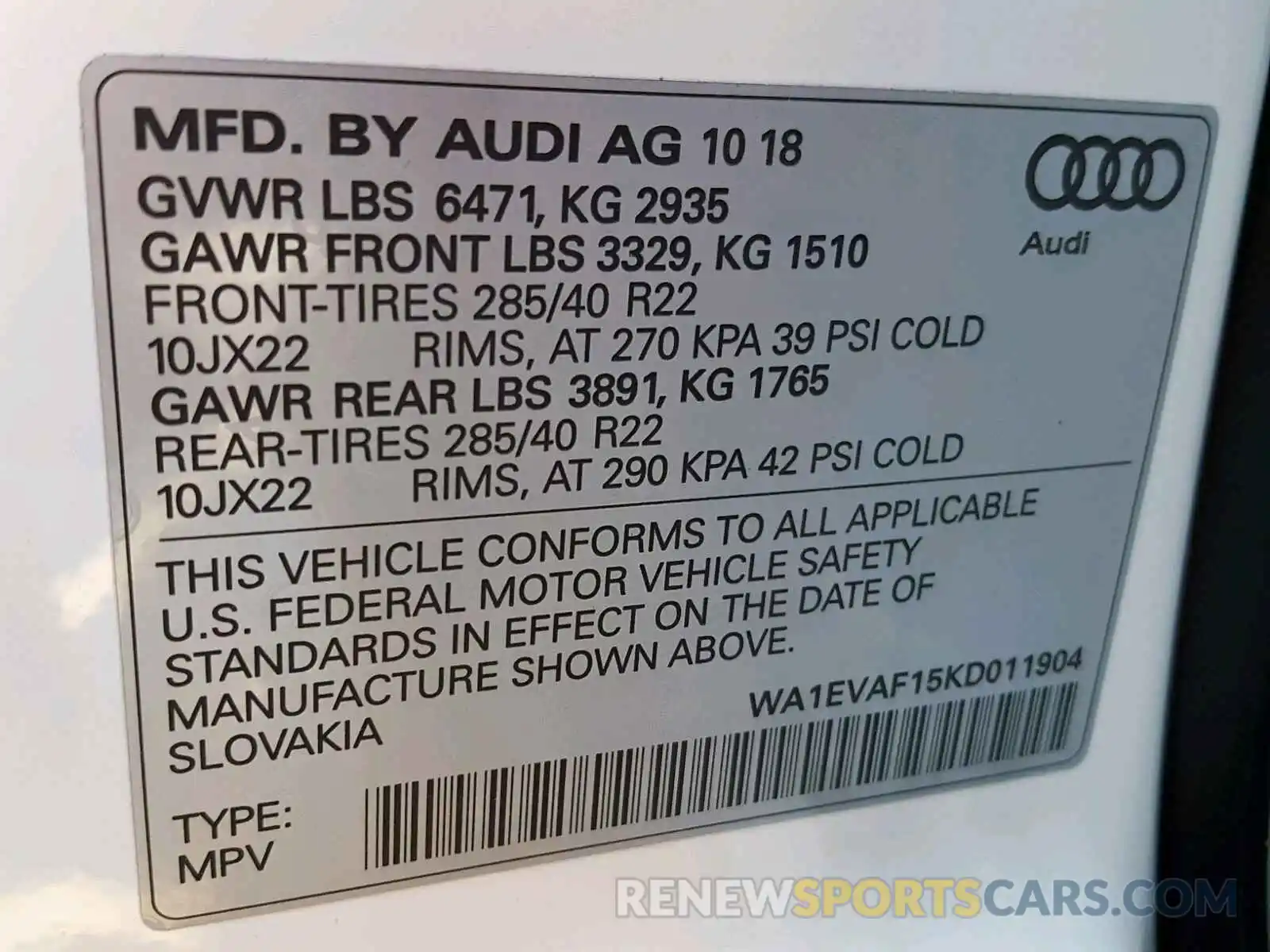 10 Photograph of a damaged car WA1EVAF15KD011904 AUDI Q8 PREMIUM 2019