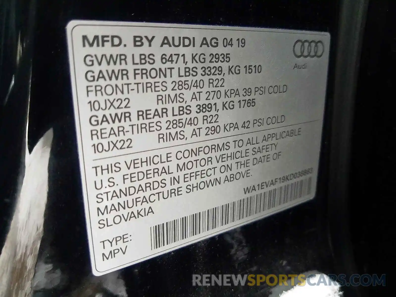 10 Photograph of a damaged car WA1EVAF19KD038863 AUDI Q8 PREMIUM 2019