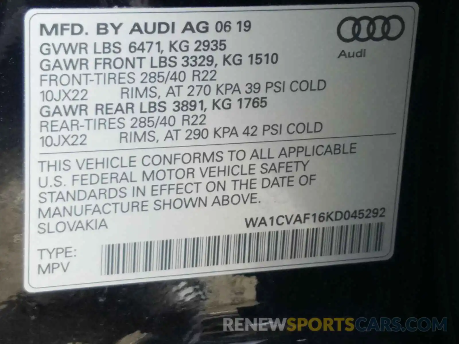 10 Photograph of a damaged car WA1CVAF16KD045292 AUDI Q8 PRESTIG 2019