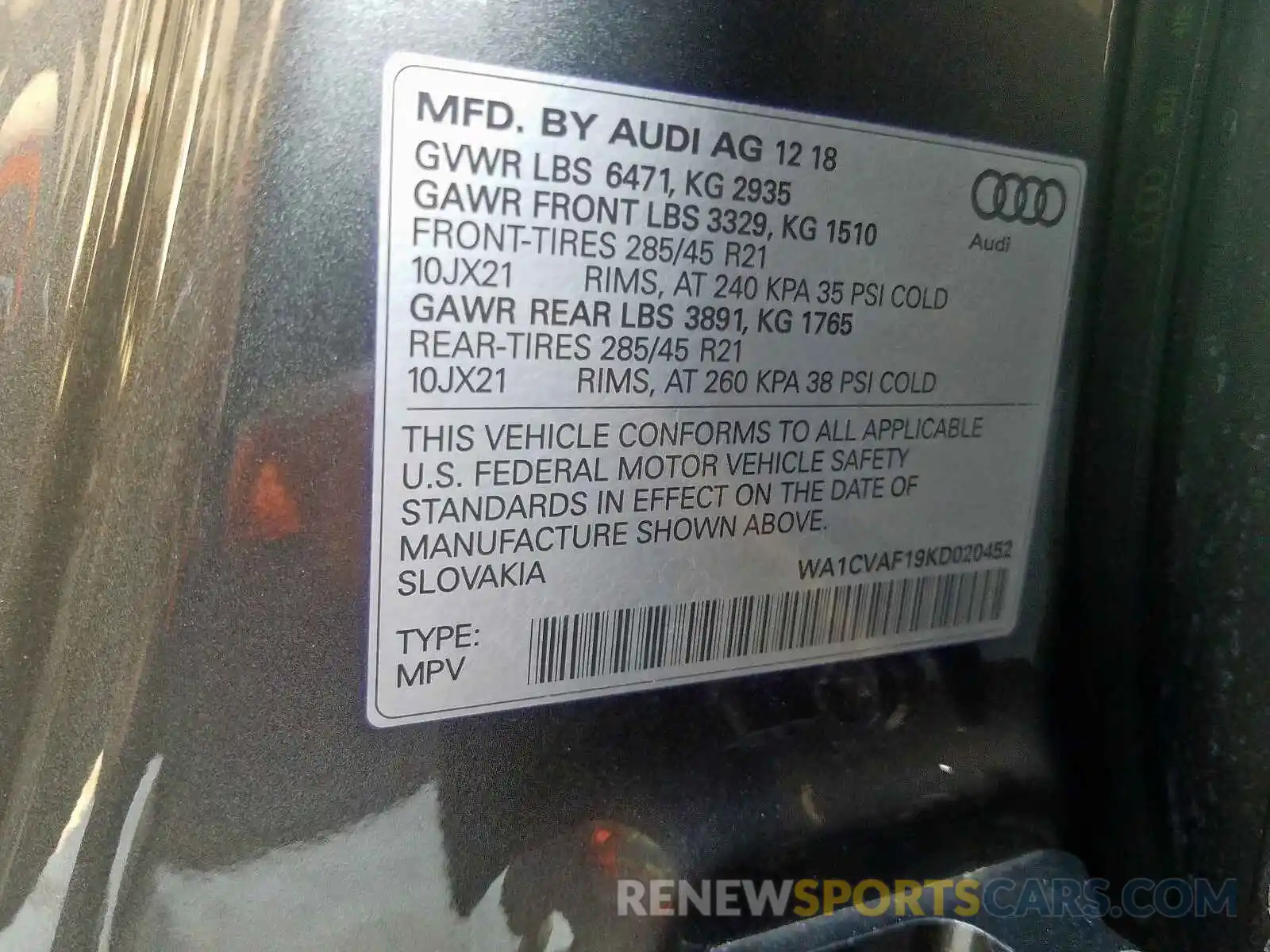 10 Photograph of a damaged car WA1CVAF19KD020452 AUDI Q8 PRESTIG 2019